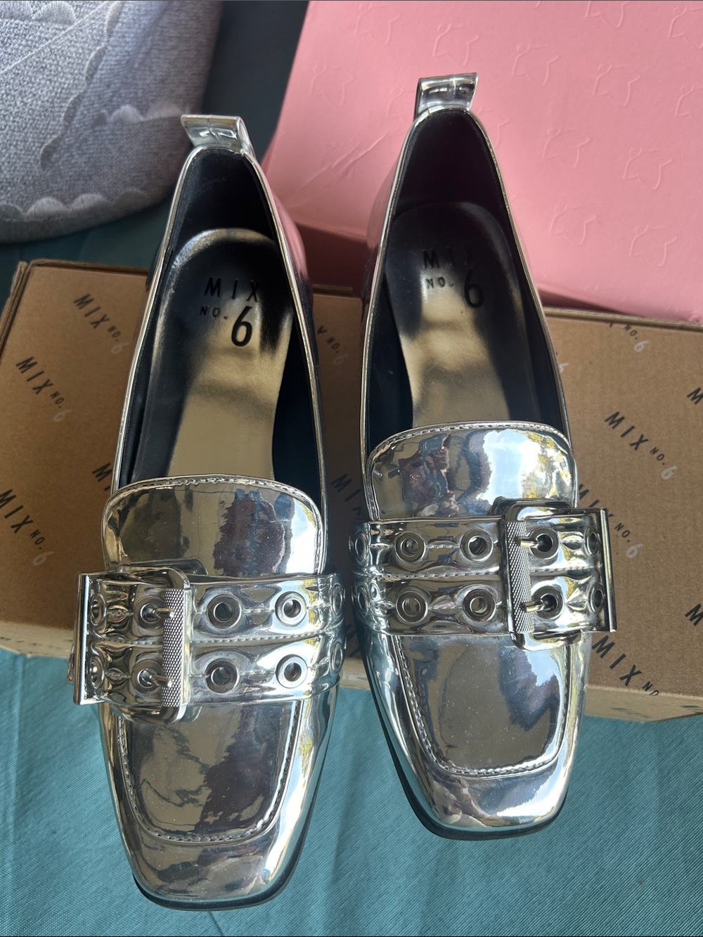 Mix No. 6 Metallic Silver Grommet Buckle Loafers
